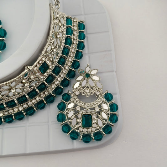Elegant Choker Necklace Festive Set - Sea Green color, Silver Plated