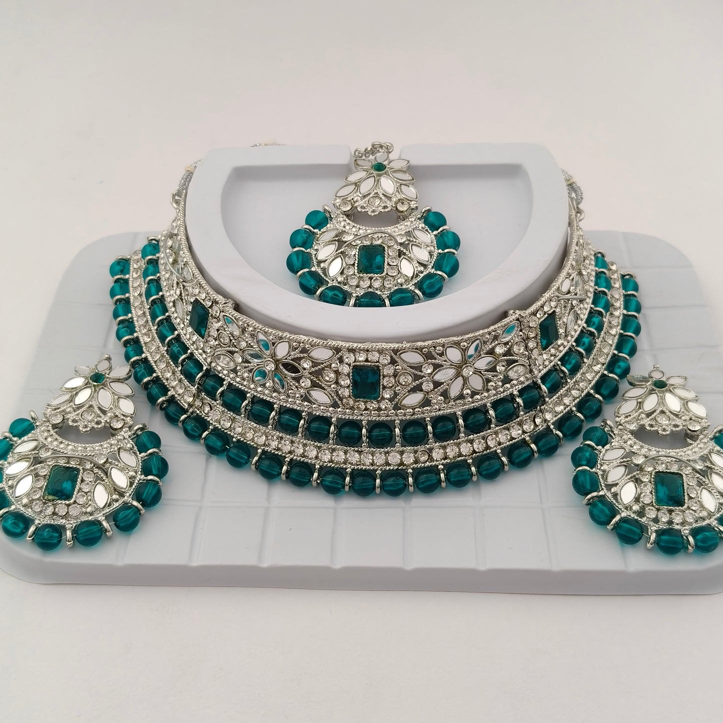 Elegant Choker Necklace Festive Set - Sea Green color, Silver Plated