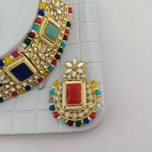 Elegant Choker Necklace Festive Set - Multi color, Gold Plated