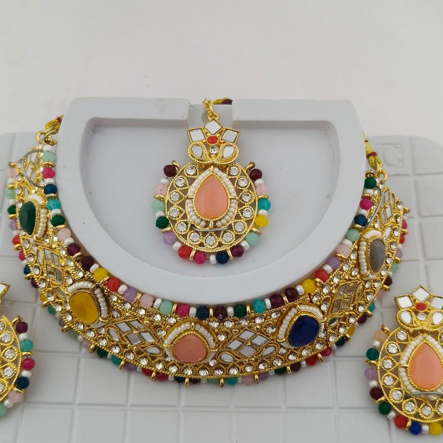 Elegant Choker Necklace Festive Set - Multi color, Gold Plated
