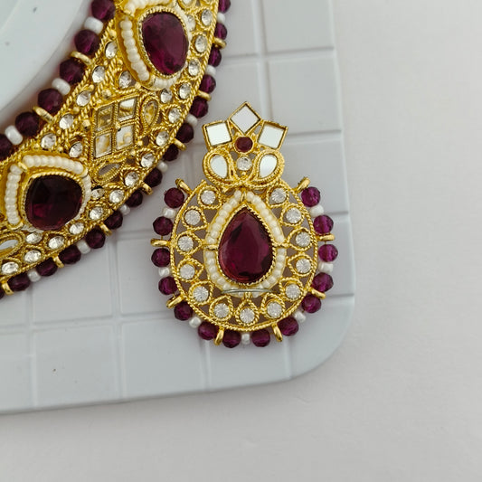 Elegant Choker Necklace Festive Set - Wine color, Gold Plated