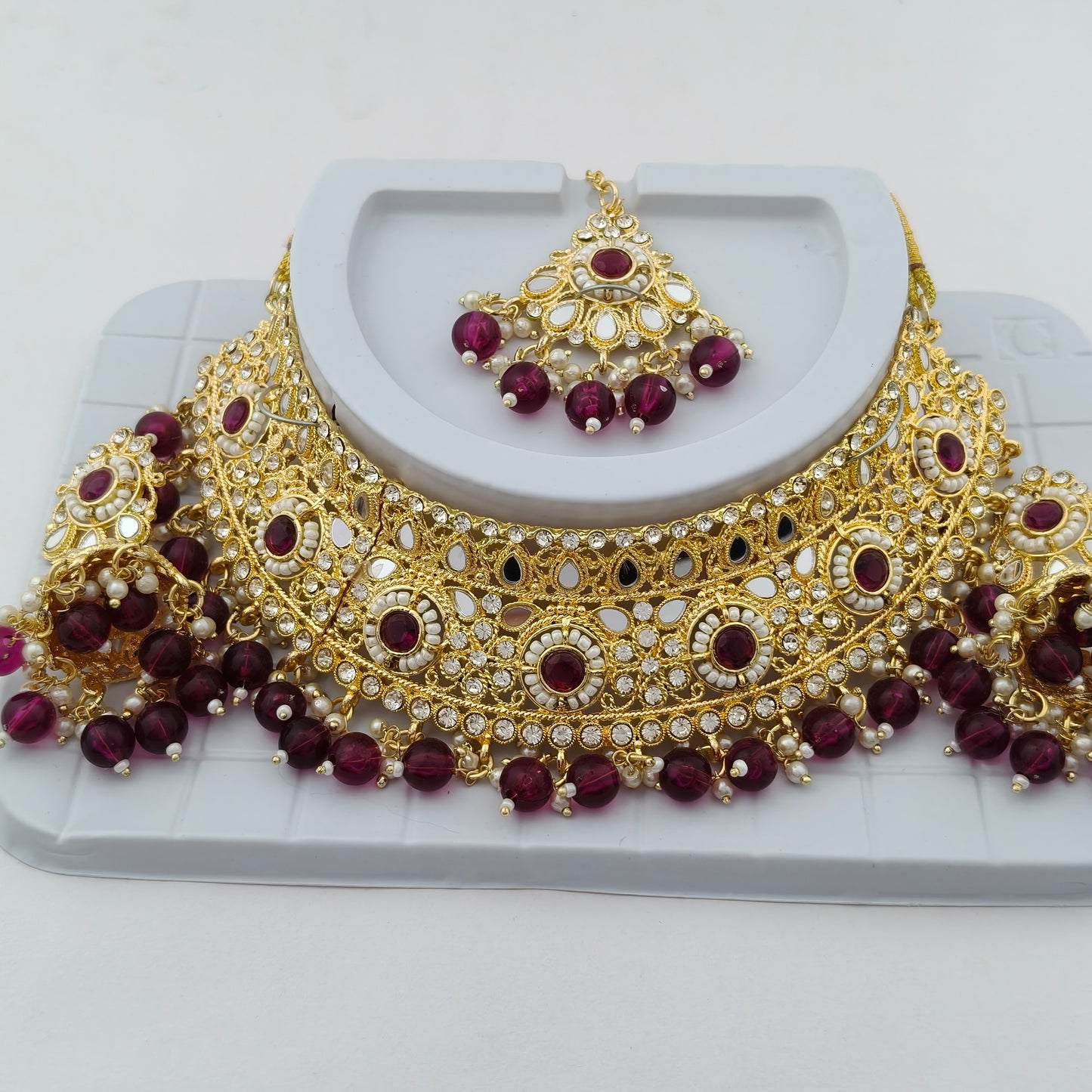 Elegant Choker Necklace Festive Set - Wine color, Gold Plated
