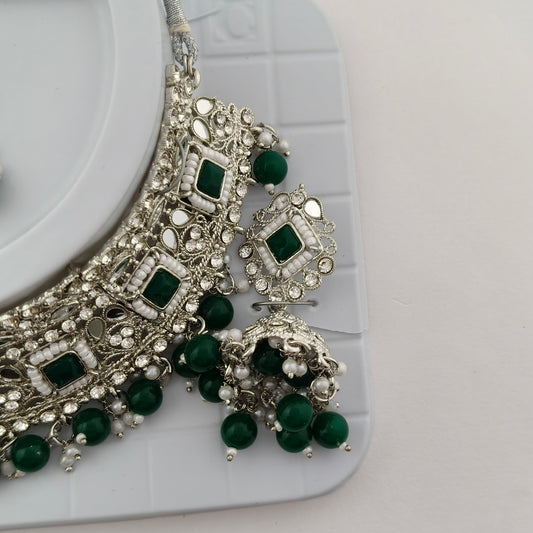 Elegant Choker Necklace Festive Set - Green color, Silver Plated