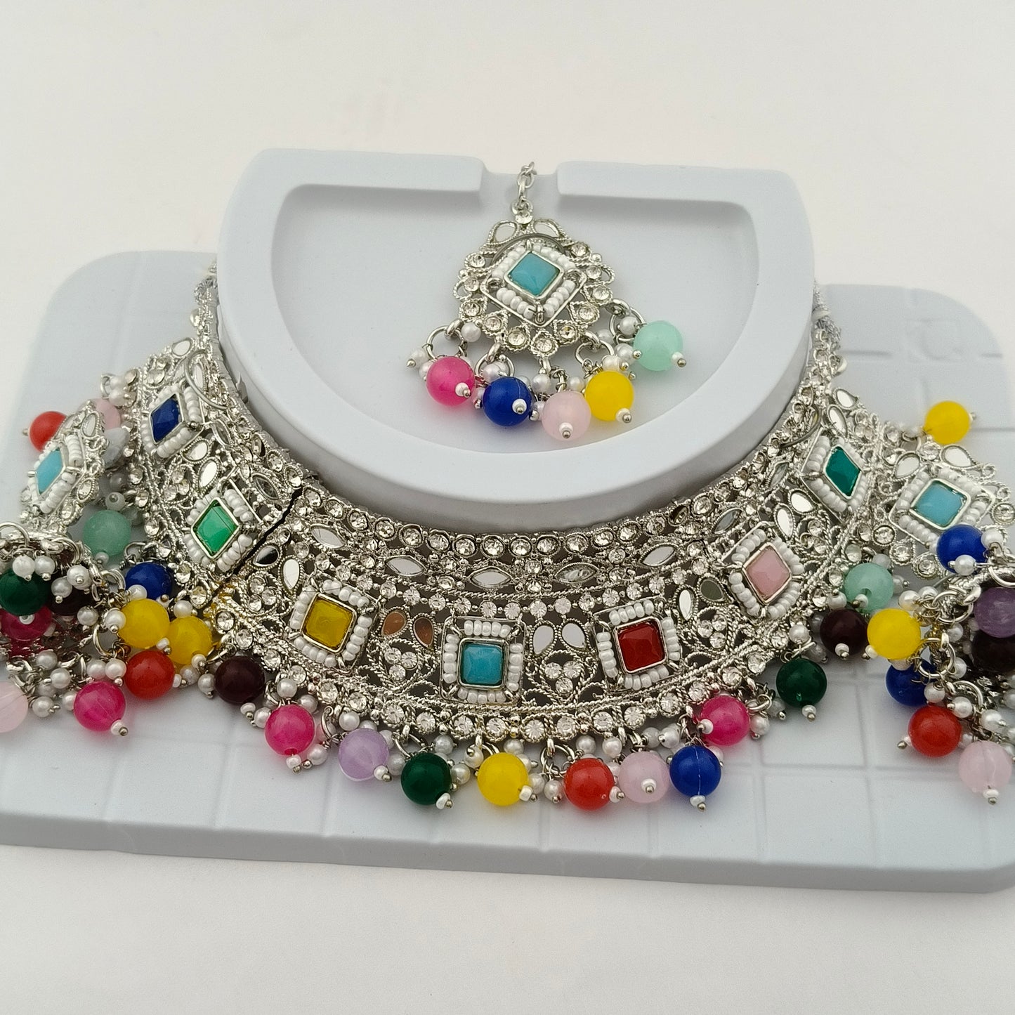 Elegant Choker Necklace Festive Set - Multi color, Silver Plated