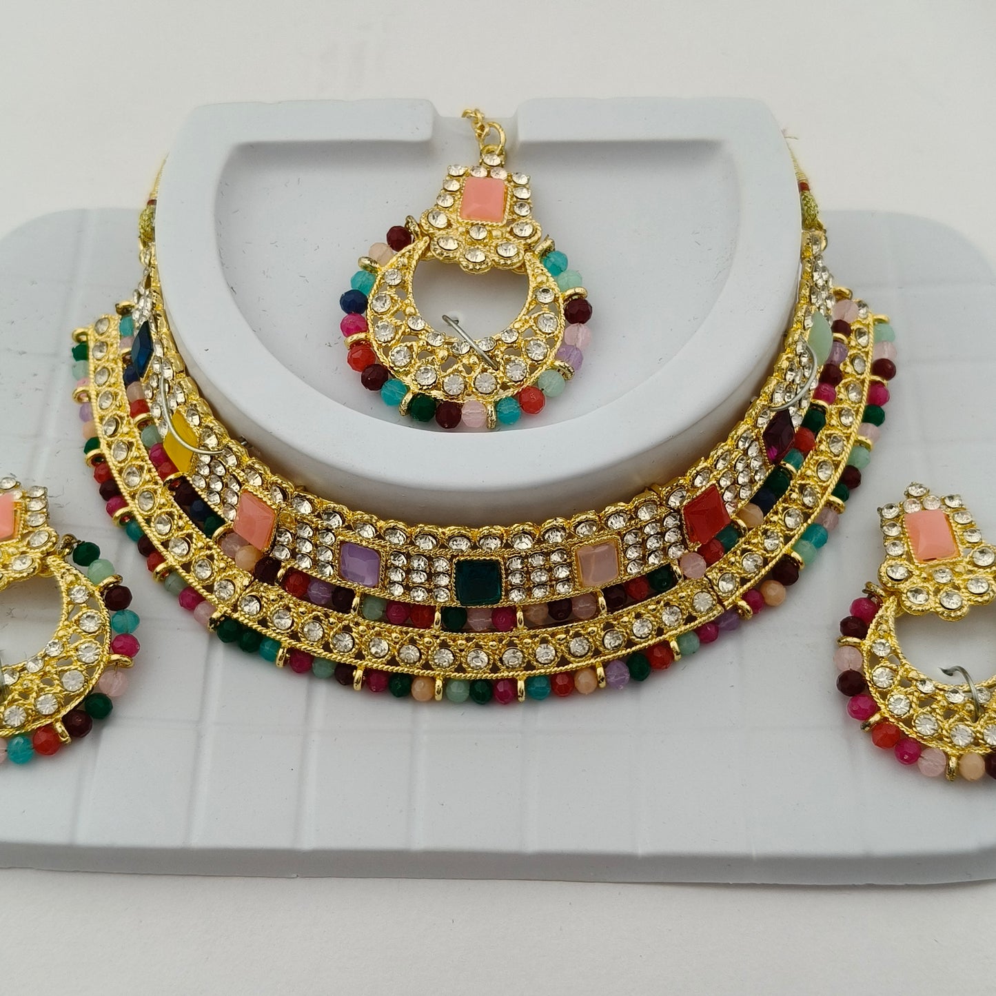 Elegant Choker Necklace Festive Set - Multi color, Gold Plated