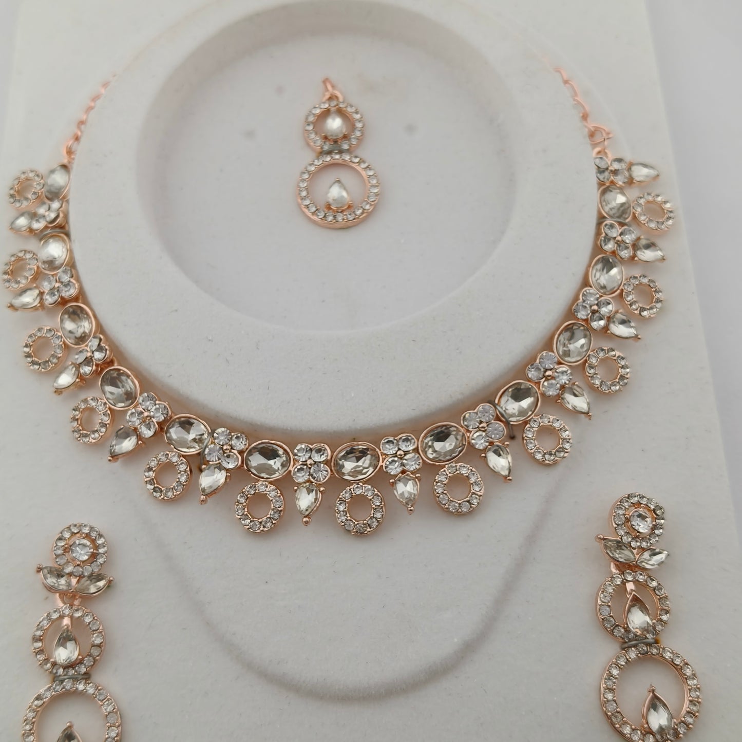 Elegant Short Necklace Set with Earrings & Maang Tika - Baby Pink, Mint Green, Rose Gold color