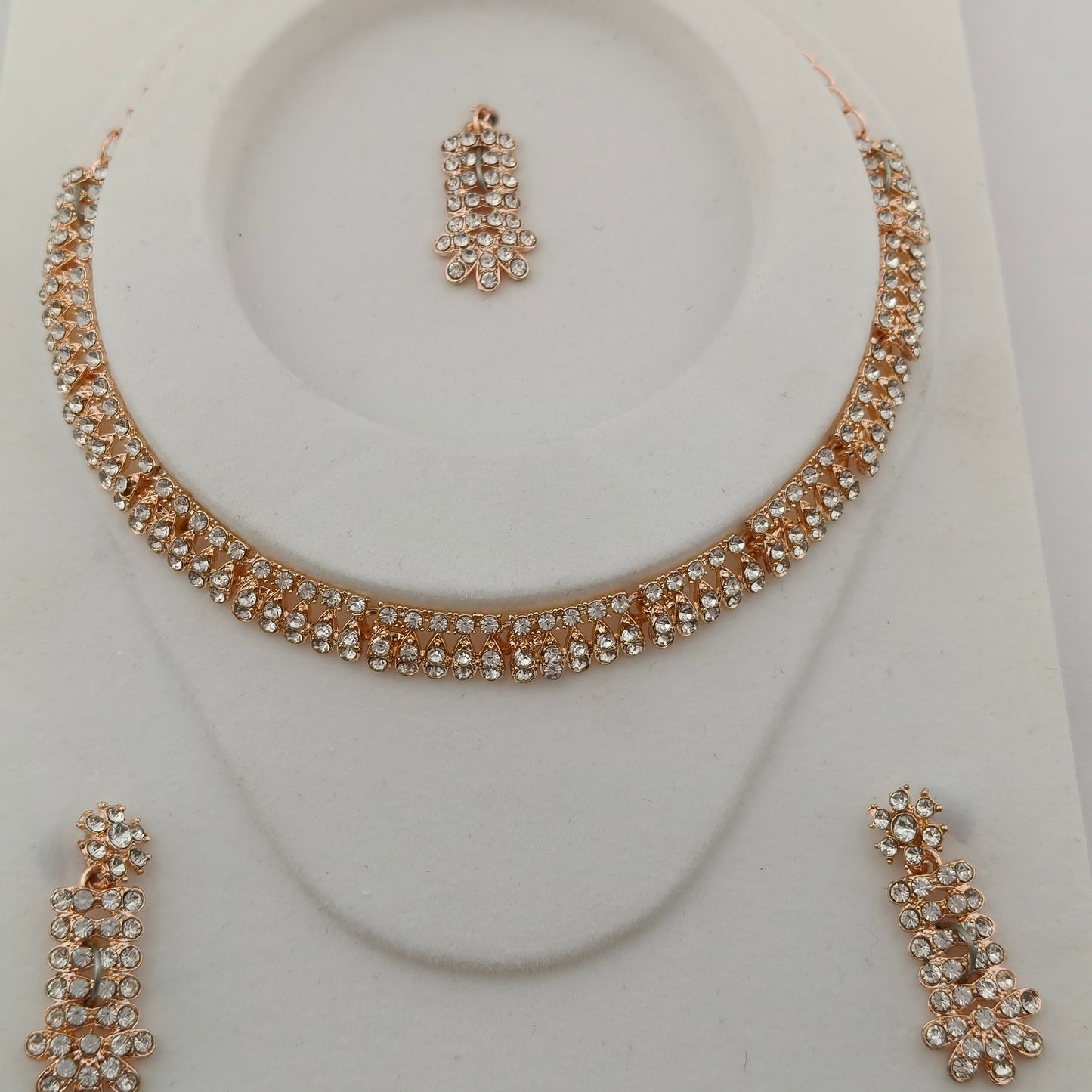 Elegant Short Necklace Set with Earrings & Maang Tika - White, Rose Gold color