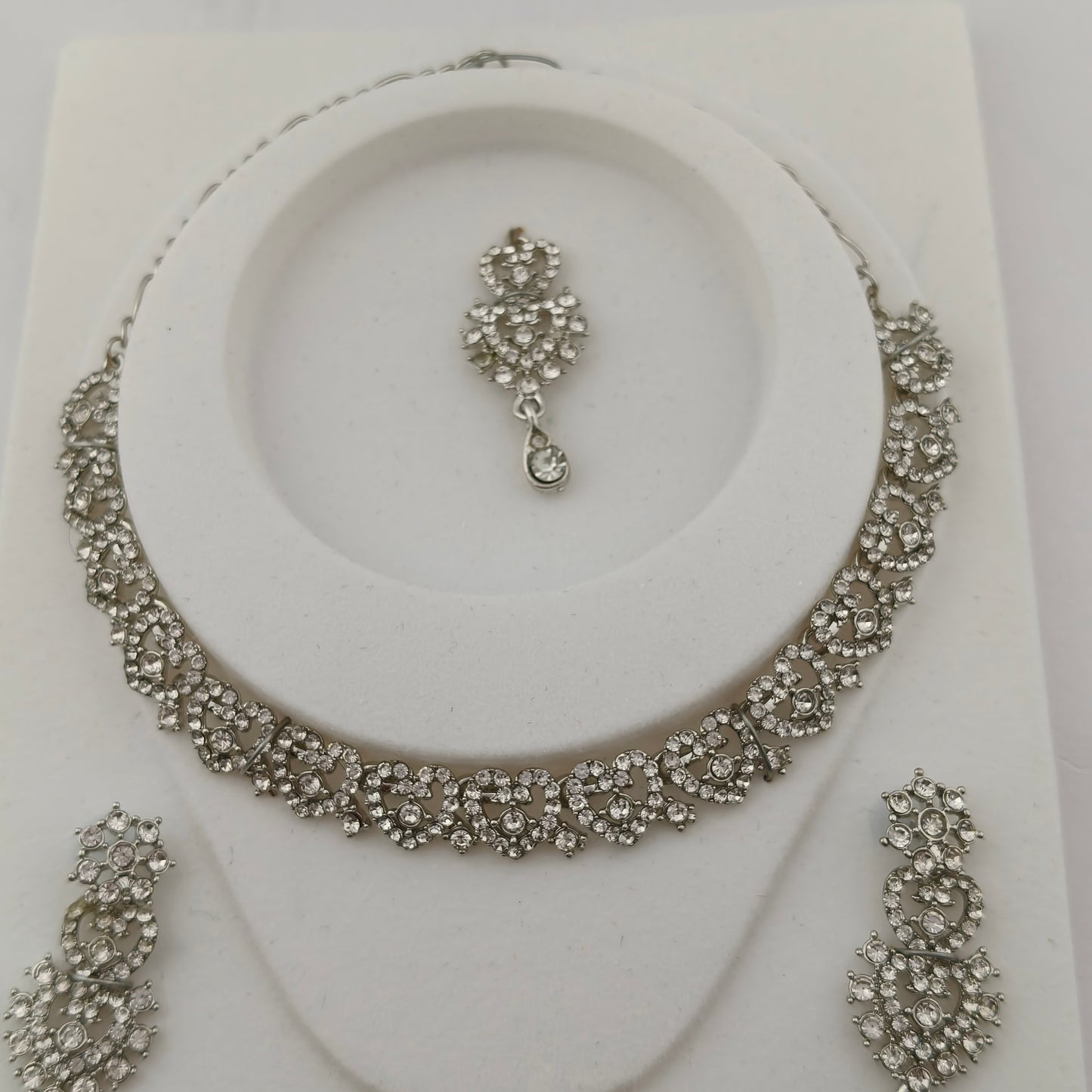 Elegant Short Necklace Set with Earrings & Maang Tika - White, Silver color