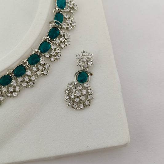 Elegant Short Necklace Set with Earrings & Maang Tika - Green, Silver color