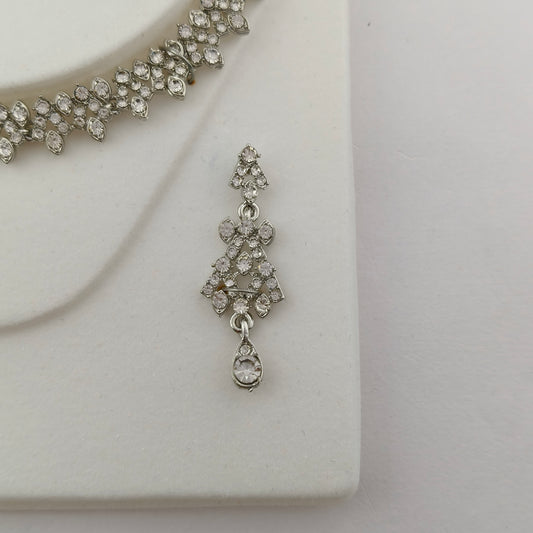 Elegant Short Necklace Set with Earrings & Maang Tika - White, Silver color