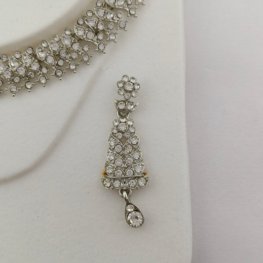 Elegant Short Necklace Set with Earrings & Maang Tika - White, Silver color