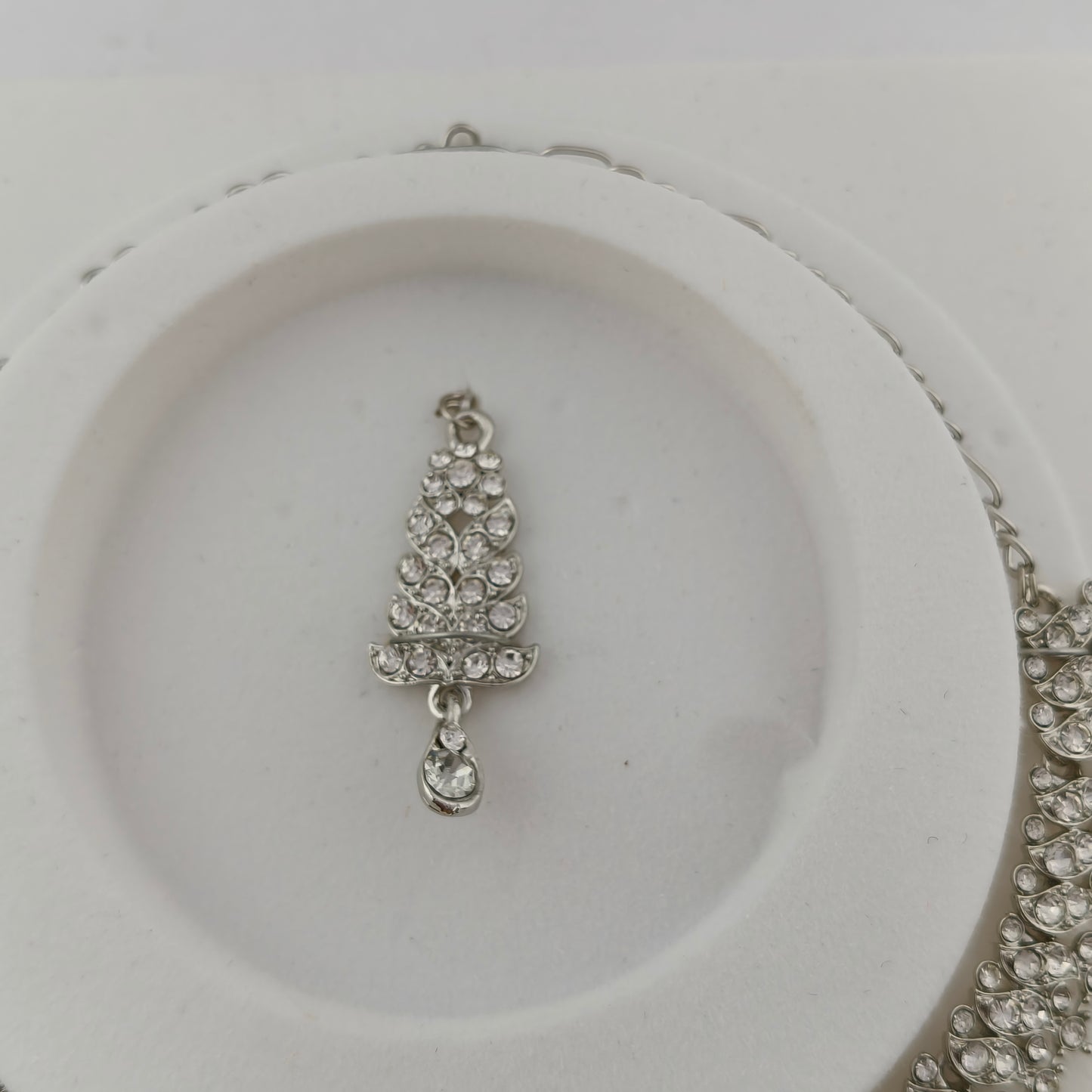 Elegant Short Necklace Set with Earrings & Maang Tika - White, Silver color