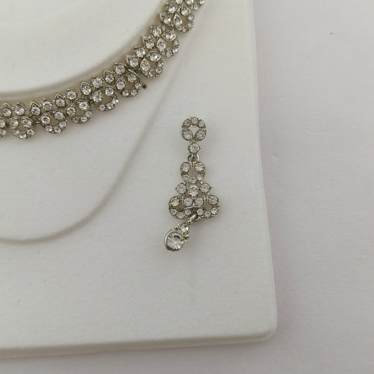 Elegant Short Necklace Set with Earrings & Maang Tika - White, Silver color