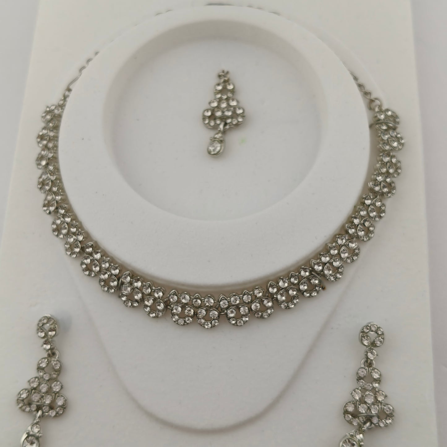 Elegant Short Necklace Set with Earrings & Maang Tika - White, Silver color
