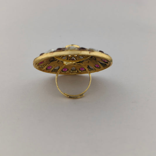 Traditional Meenakari Kundan Ring - Rani Pink