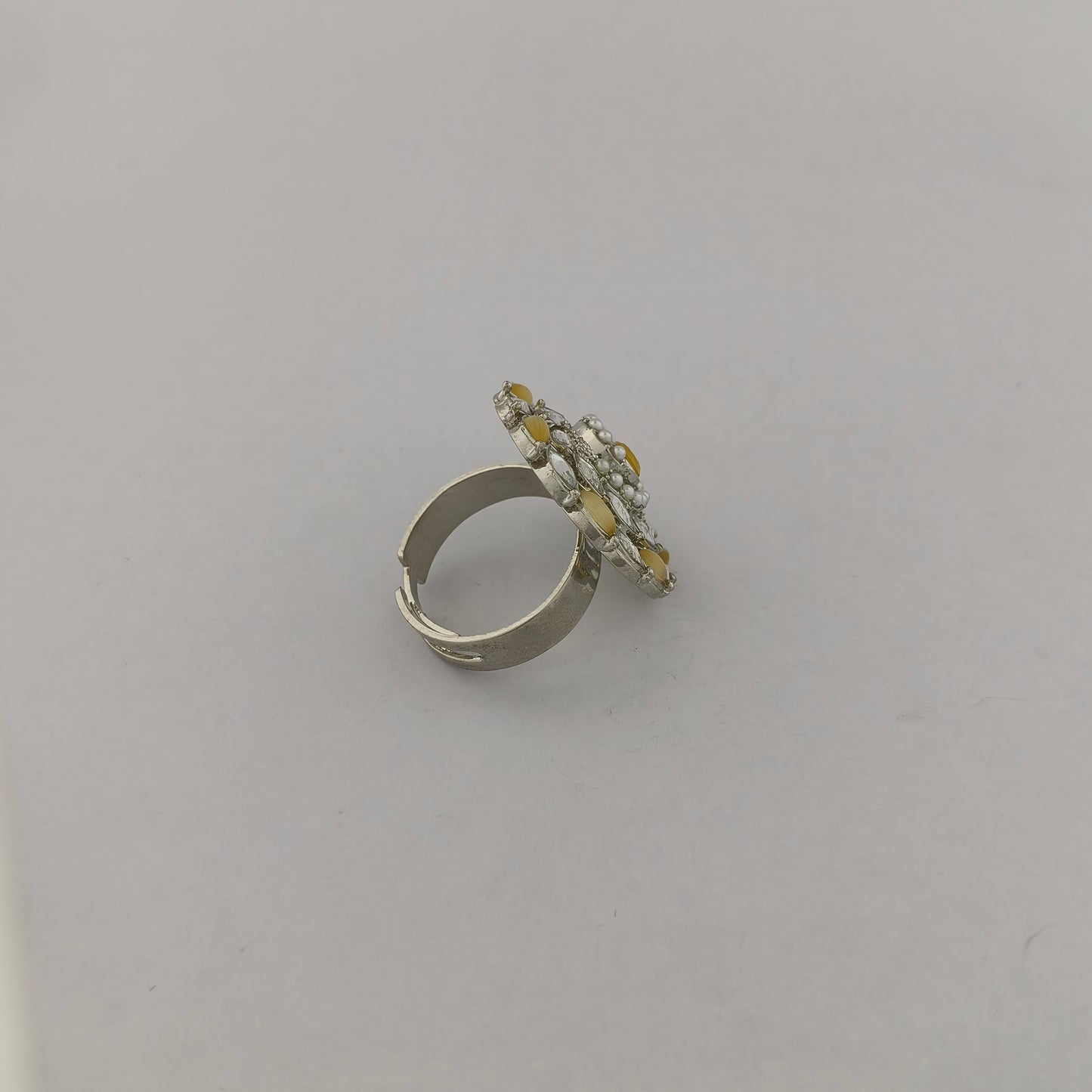 Silver Coated Floral Statement Ring - Yellow, Pearl