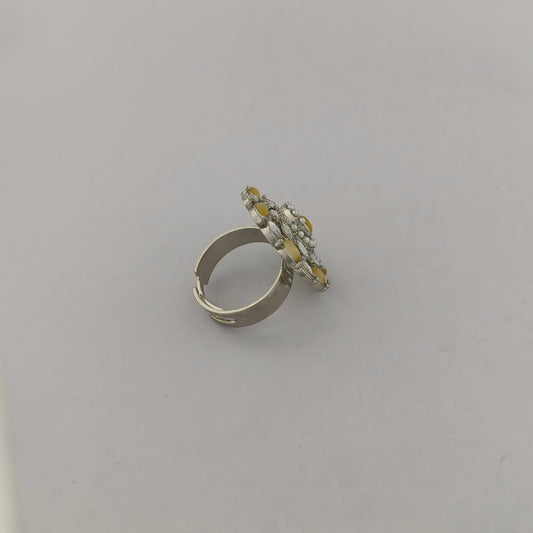 Silver Coated Floral Statement Ring - Yellow, Pearl