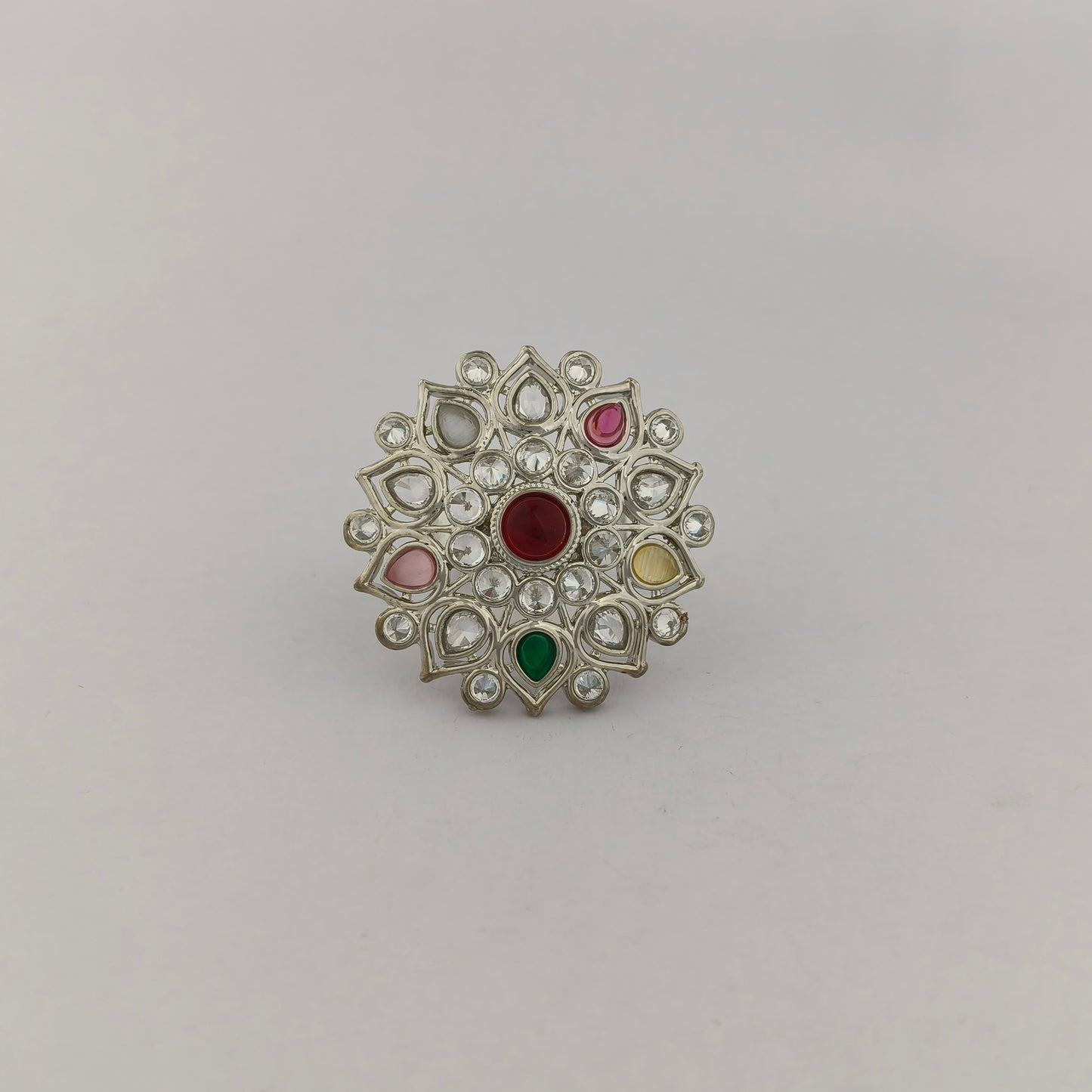 Silver Coated Floral Statement Ring - Multicolor