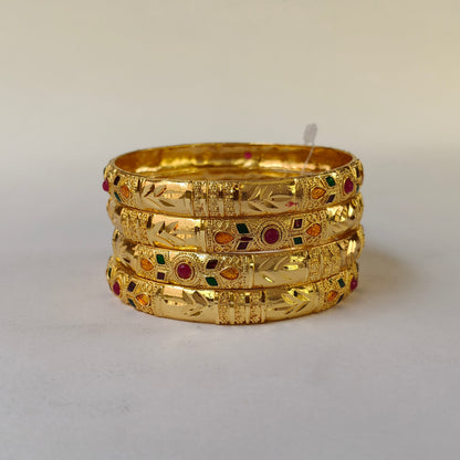Gold Toned Multi-Stone Engraved Bangles