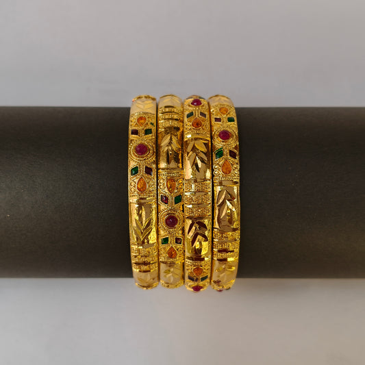 Gold Toned Multi-Stone Engraved Bangles