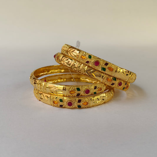 Gold Toned Multi-Stone Engraved Bangles