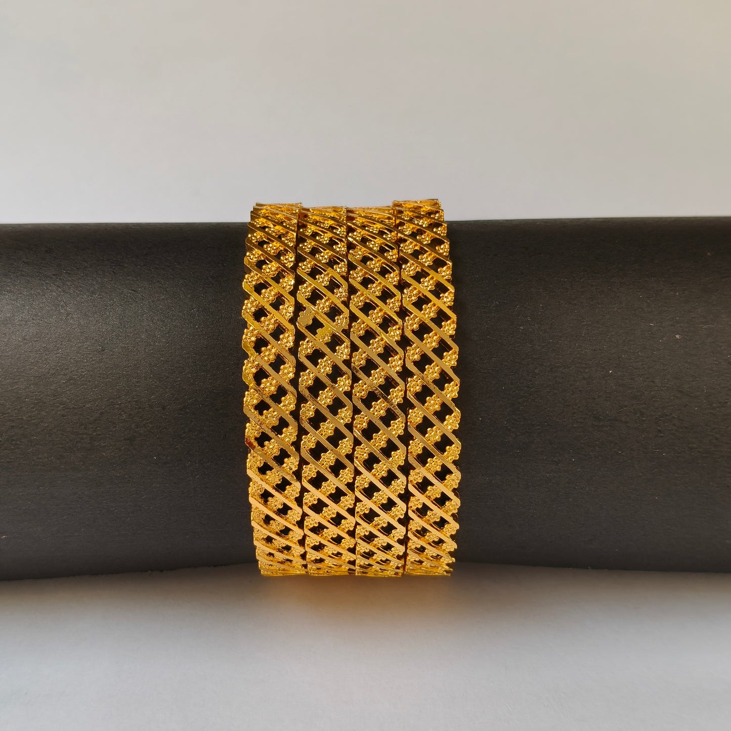 Geometric Intertwined Gold Textured Bangles - 3 Flowered