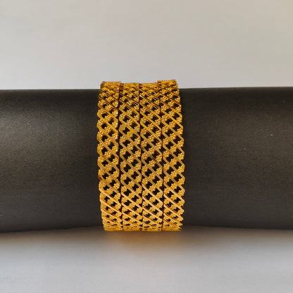 Geometric Intertwined Gold Textured Bangles - 3 Flowered