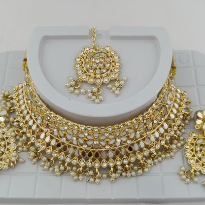 Elegant Choker Necklace Festive Set - White, Pearl, Gold Color