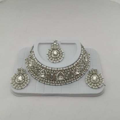 Elegant Choker Necklace Festive Set - White, Pearl, Silver Color