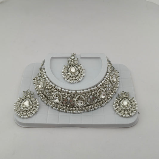Elegant Choker Necklace Festive Set - White, Pearl, Silver Color
