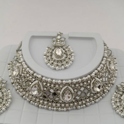 Elegant Choker Necklace Festive Set - White, Pearl, Silver Color