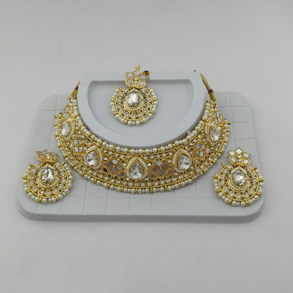 Elegant Choker Necklace Festive Set - White, Pearl, Gold Color