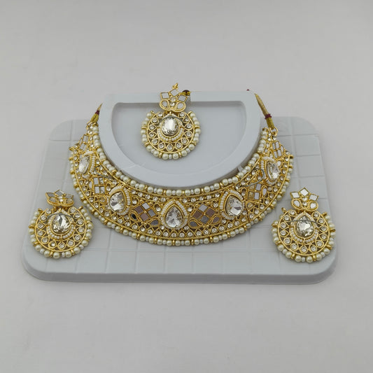 Elegant Choker Necklace Festive Set - White, Pearl, Gold Color