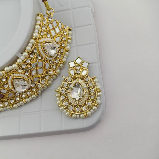 Elegant Choker Necklace Festive Set - White, Pearl, Gold Color