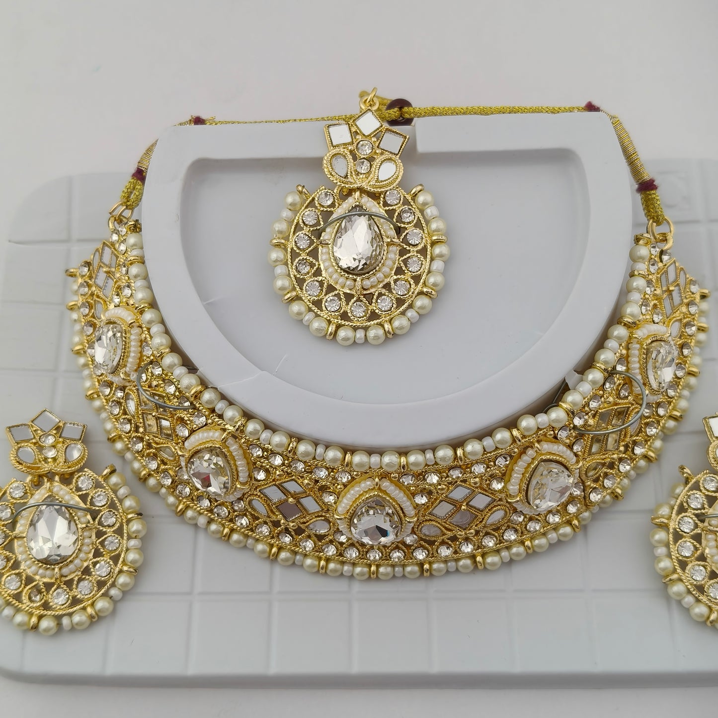 Elegant Choker Necklace Festive Set - White, Pearl, Gold Color