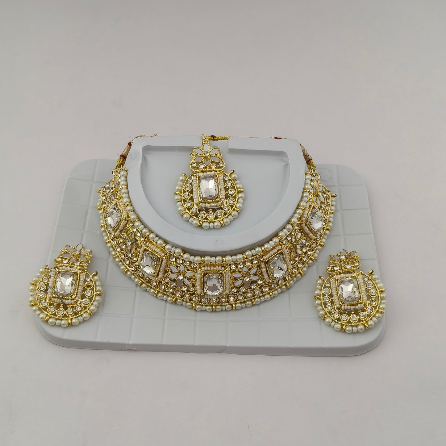 Elegant Choker Necklace Festive Set - White, Pearl, Gold Color