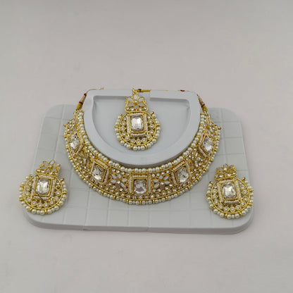 Elegant Choker Necklace Festive Set - White, Pearl, Gold Color