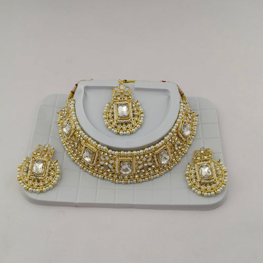 Elegant Choker Necklace Festive Set - White, Pearl, Gold Color