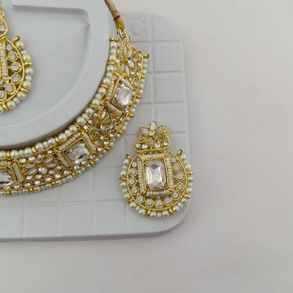 Elegant Choker Necklace Festive Set - White, Pearl, Gold Color