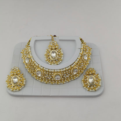 Elegant Choker Necklace Festive Set - White, Pearl, Gold Color