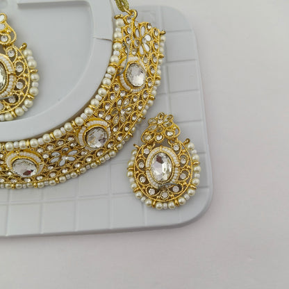 Elegant Choker Necklace Festive Set - White, Pearl, Gold Color