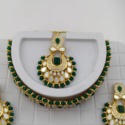 Elegant Choker Necklace Festive Set - Green color, Gold Plated