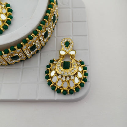 Elegant Choker Necklace Festive Set - Green color, Gold Plated