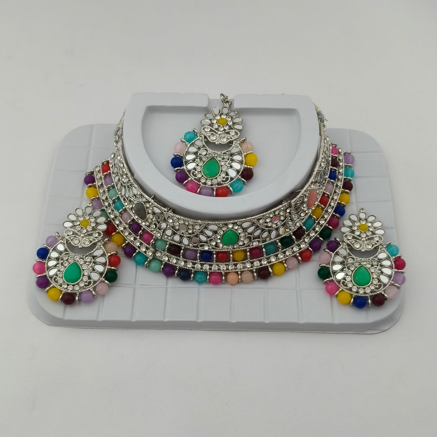 Elegant Choker Necklace Festive Set - Multi color, Silver Plated