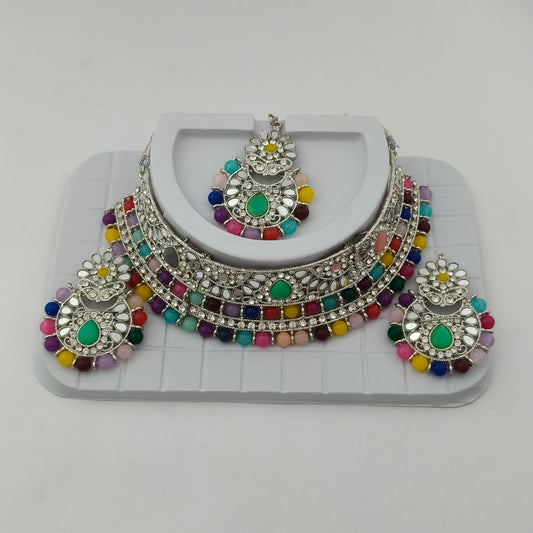 Elegant Choker Necklace Festive Set - Multi color, Silver Plated