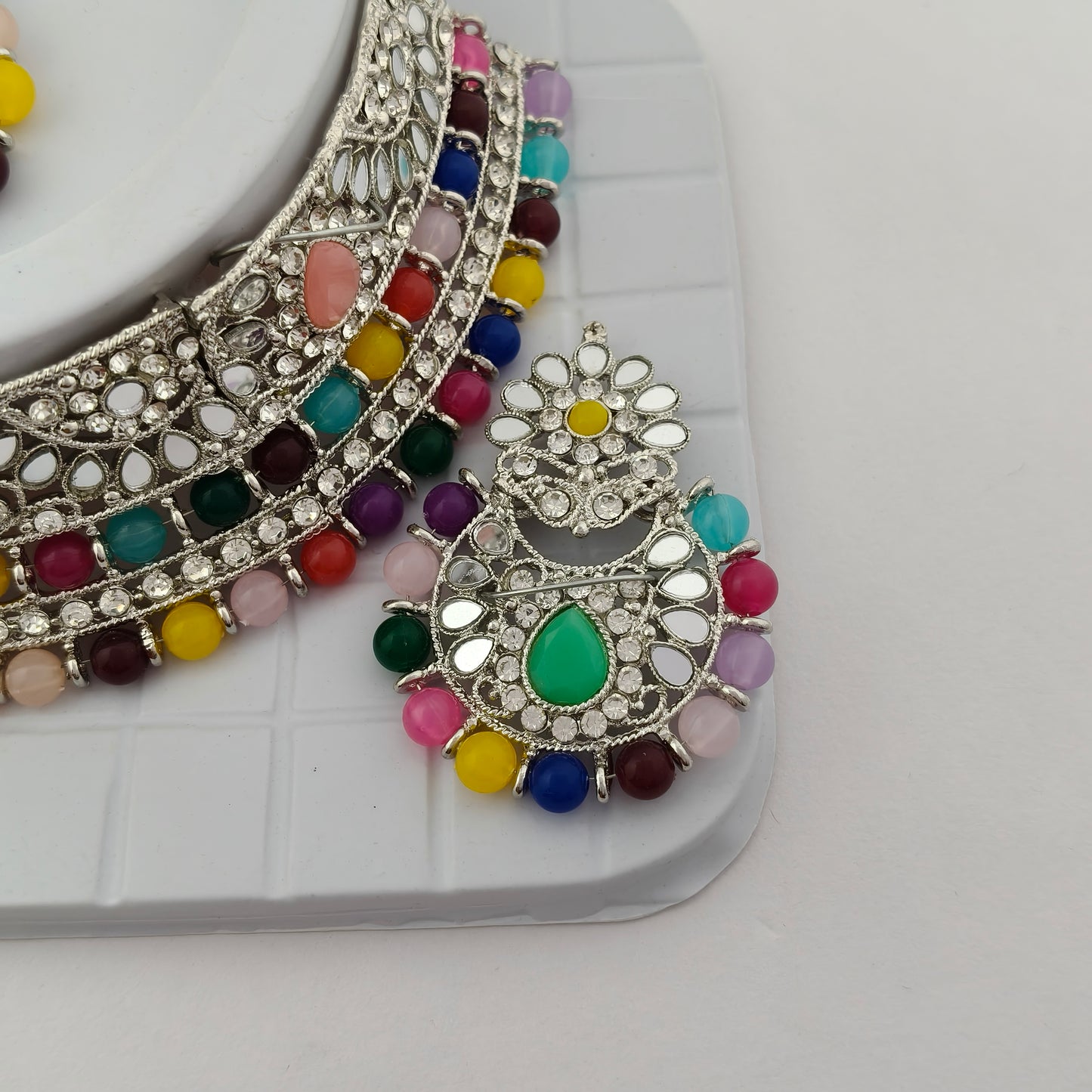 Elegant Choker Necklace Festive Set - Multi color, Silver Plated