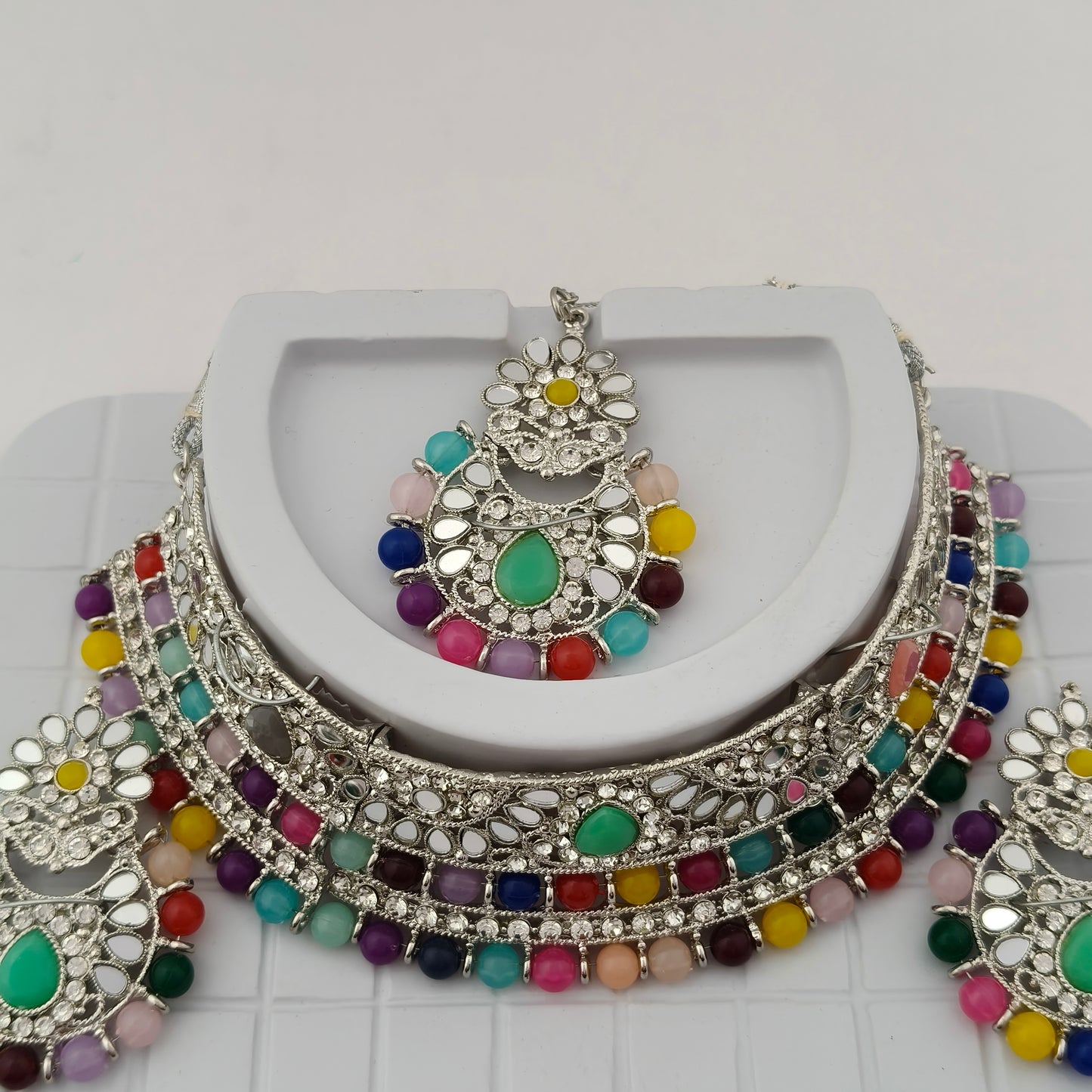 Elegant Choker Necklace Festive Set - Multi color, Silver Plated