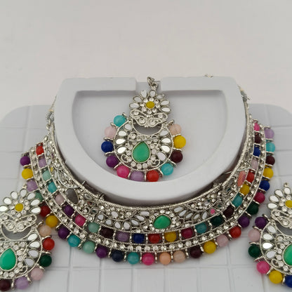 Elegant Choker Necklace Festive Set - Multi color, Silver Plated