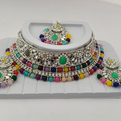 Elegant Choker Necklace Festive Set - Multi color, Silver Plated