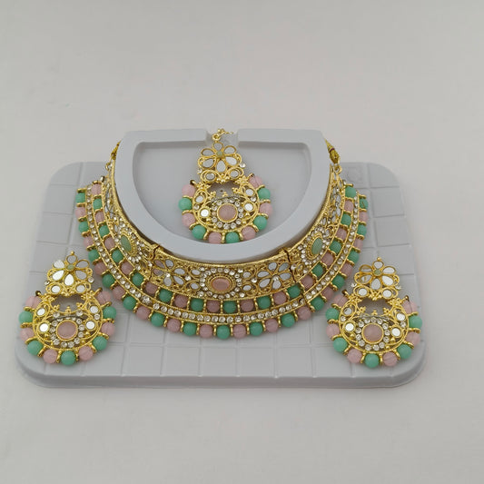 Elegant Choker Necklace Festive Set - Baby Pink, Mint Green color, Gold Plated